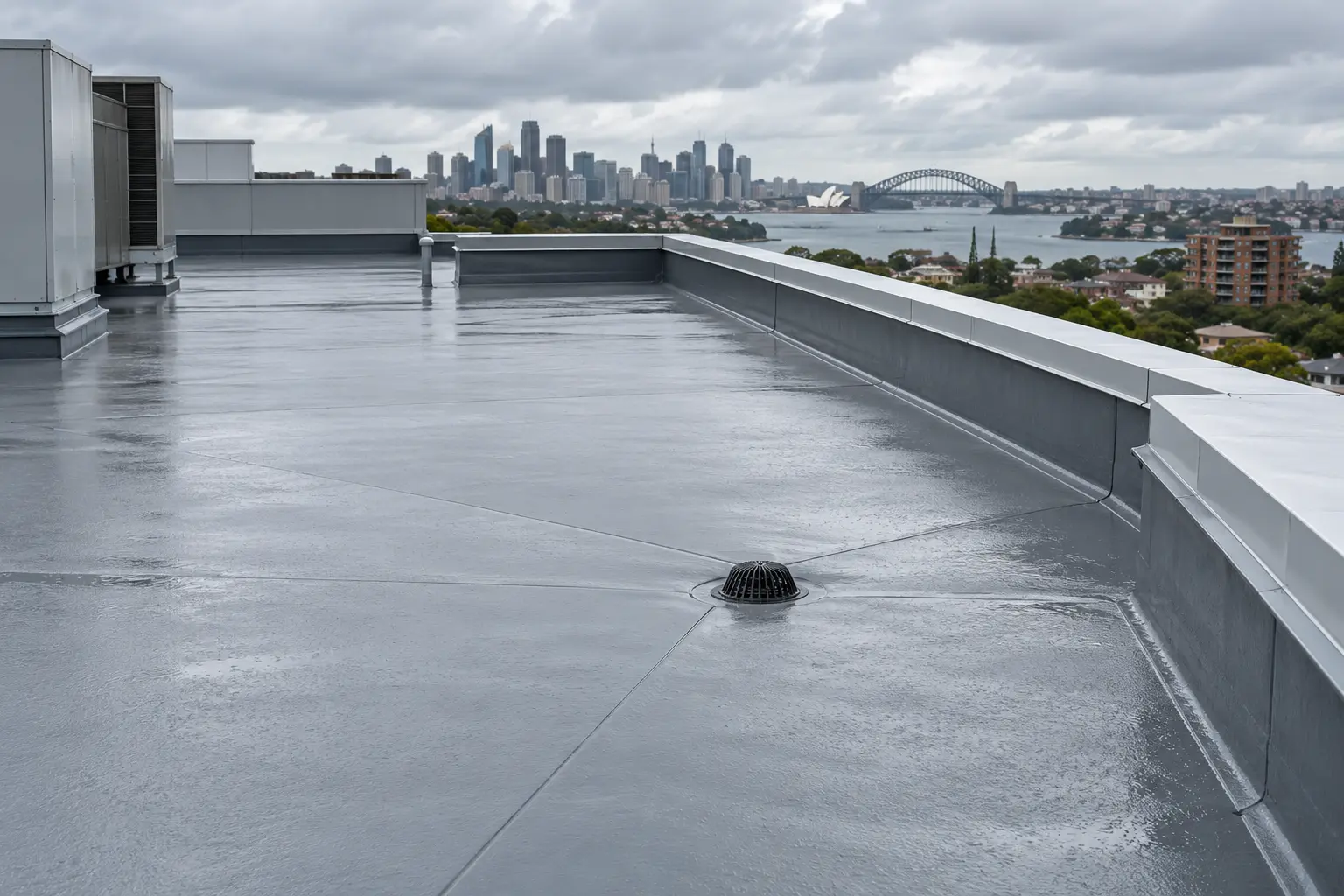 Low-pitch roof membrane with a drainage outlet