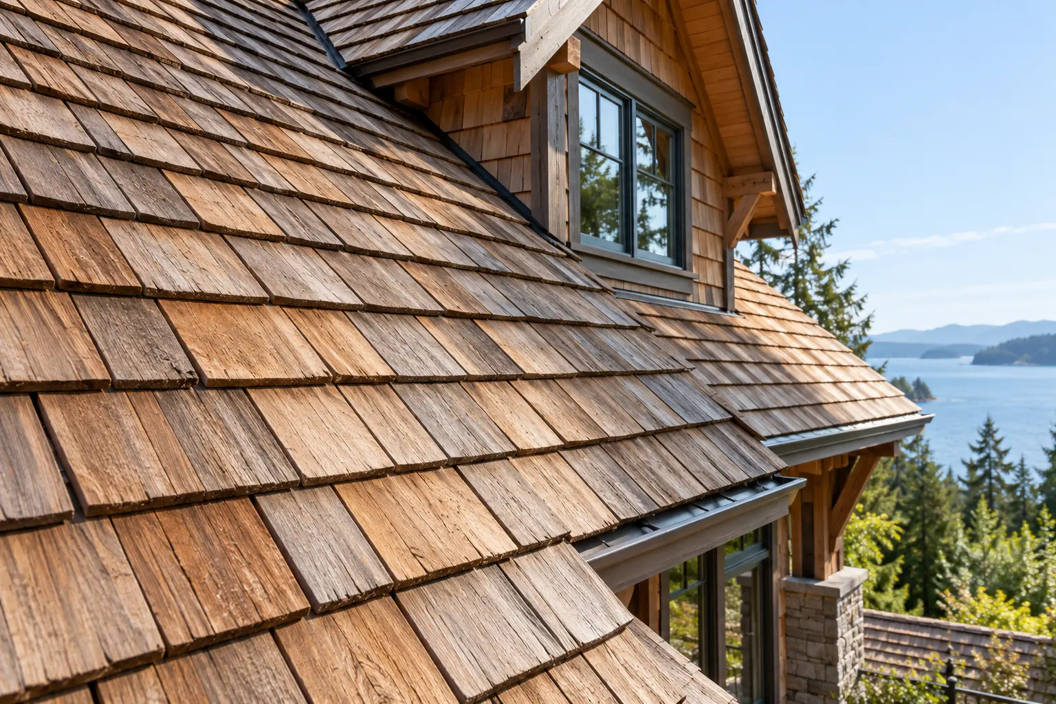 Timber shingles on a pitched roof