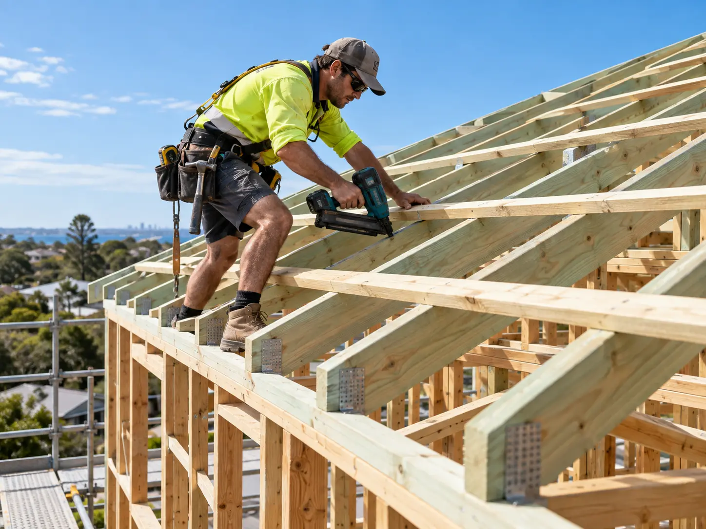 Carpenter working on timber roof framing