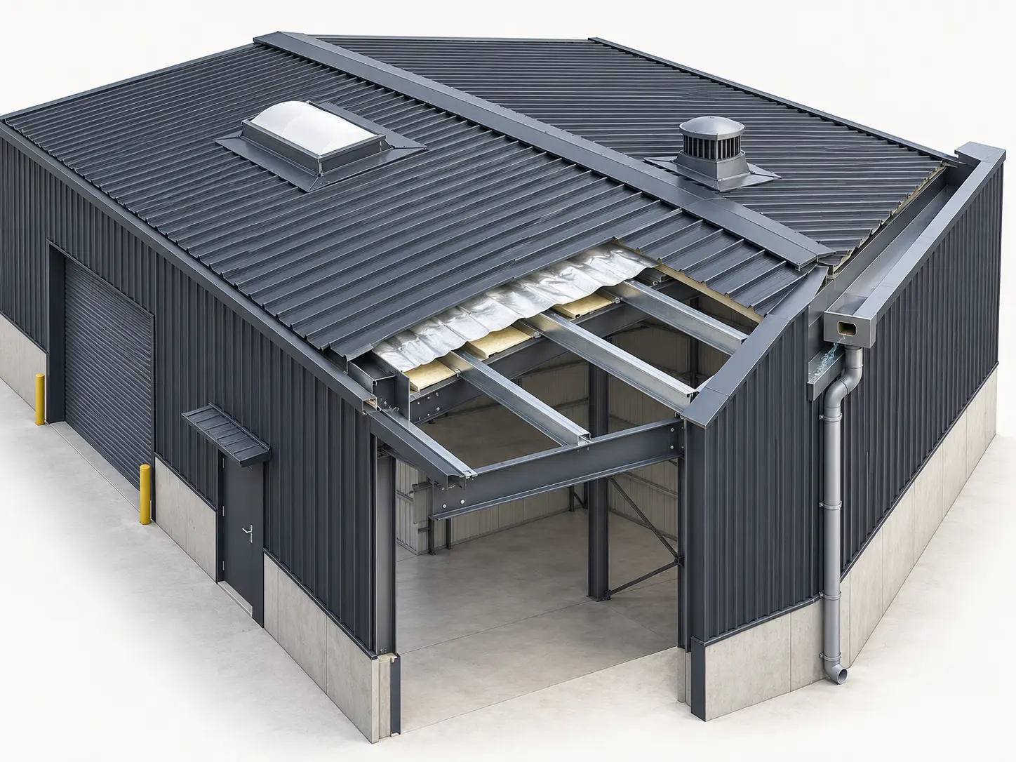 Illustration of a commercial metal roof showing steel structure, roof sheets, skylight, vent and drainage
