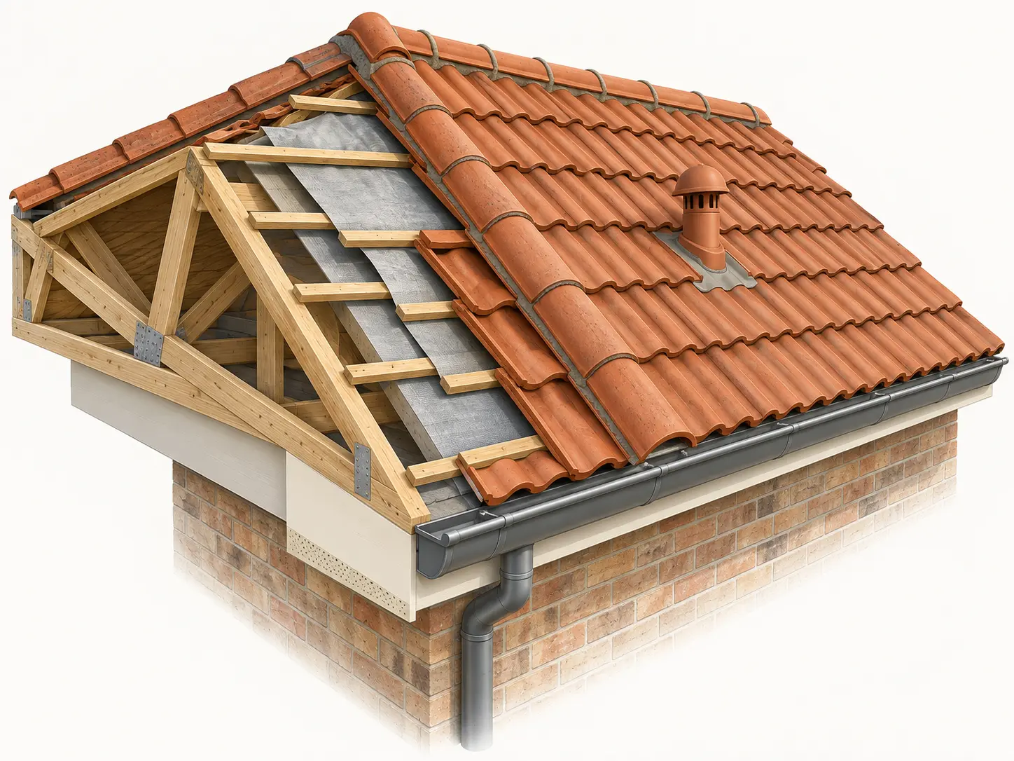 Illustration of a tiled roof showing its structure, layers, vent, gutter and downpipe