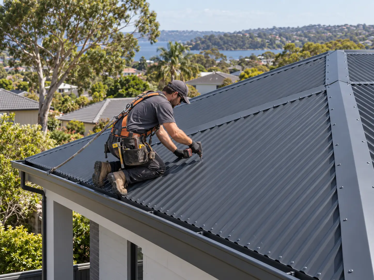 Roof plumber installing metal roofing